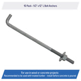 1/2" x 12-inch Galvanized Threaded Anchor Bolts for Wood, Concrete