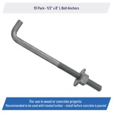 1/2" x 8-inch Galvanized Threaded Anchor Bolts for Wood, Concrete