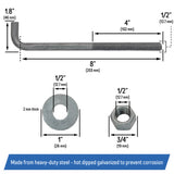 1/2" x 8-inch Galvanized Threaded Anchor Bolts for Wood, Concrete