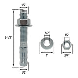 1/2" x 3-1/2" Wedge Anchor Bolt Fasteners for Concrete, Cement, Brick - Zinc-Plated