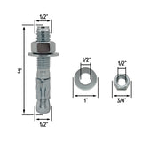 1/2" x 3" Wedge Anchor Bolt Fasteners for Concrete, Cement, Brick - Zinc-Plated