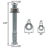 1/2" x 4-1/2" Wedge Anchor Bolt Fasteners for Concrete, Cement, Brick - Zinc-Plated