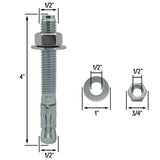 1/2" x 4" Wedge Anchor Bolt Fasteners for Concrete, Cement, Brick - Zinc-Plated