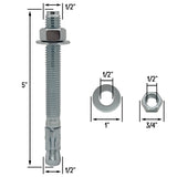 1/2" x 5" Wedge Anchor Bolt Fasteners for Concrete, Cement, Brick - Zinc-Plated
