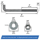 3/4" x 8-inch Galvanized Threaded Anchor Bolts for Wood, Concrete