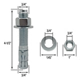 3/4" x 4-1/2" Wedge Anchor Bolt Fasteners for Concrete, Cement, Brick - Zinc-Plated