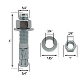 3/4" x 4" Wedge Anchor Bolt Fasteners for Concrete, Cement, Brick - Zinc-Plated