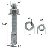 3/4" x 5-1/2" Wedge Anchor Bolt Fasteners for Concrete, Cement, Brick - Zinc-Plated