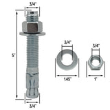 3/4" x 5" Wedge Anchor Bolt Fasteners for Concrete, Cement, Brick - Zinc-Plated