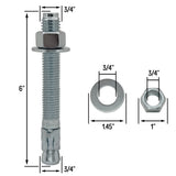 3/4" x 6" Wedge Anchor Bolt Fasteners for Concrete, Cement, Brick - Zinc-Plated