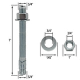 3/4" x 7" Wedge Anchor Bolt Fasteners for Concrete, Cement, Brick - Zinc-Plated