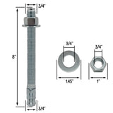 3/4" x 8" Wedge Anchor Bolt Fasteners for Concrete, Cement, Brick - Zinc-Plated