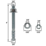 3/8" x 4" Wedge Anchor Bolt Fasteners for Concrete, Cement, Brick - Zinc-Plated