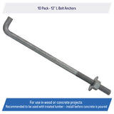 5/8" x 12-inch Galvanized Threaded Anchor Bolts for Wood, Concrete (10 Pack)