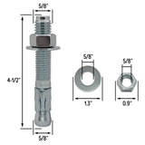 5/8" x 4-1/2" Wedge Anchor Bolt Fasteners for Concrete, Cement, Brick - Zinc-Plated