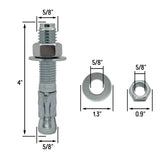 5/8" x 4" Wedge Anchor Bolt Fasteners for Concrete, Cement, Brick - Zinc-Plated