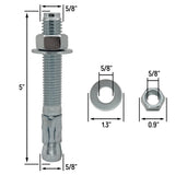 5/8" x 5" Wedge Anchor Bolt Fasteners for Concrete, Cement, Brick - Zinc-Plated