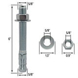 5/8" x 6" Wedge Anchor Bolt Fasteners for Concrete, Cement, Brick - Zinc-Plated