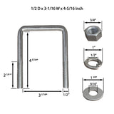 Square U Bolt with Hardware for Boat Trailer, Galvanized Steel, 1/2" Diameter x 3-1/16" x 4-5/16" for 3x3 Beam