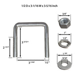 Square U Bolt with Hardware for Boat Trailer, Galvanized Steel 1/2" Diameter x 3-1/16" x 3-5/16" for 2x3 Beam