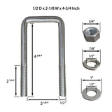 Square U Bolts with Hardware for Boat Trailer, Zinc Plated, 1/2" Diameter x 2-1/8" x 4-3/4" for 2x3 Beam